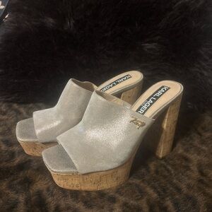 Karl Lagerfeld Metallic Silver Cork Platform Mules